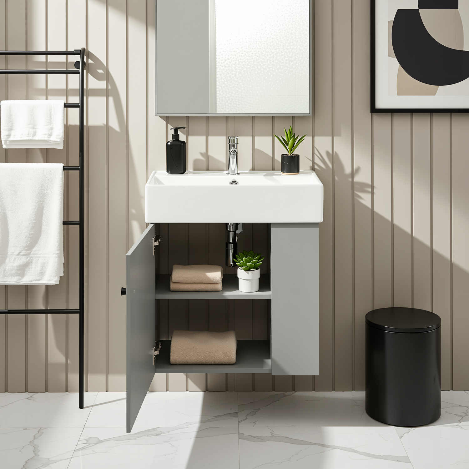 Ouray 22" Floating Bathroom Vanity with Ceramic Sink and Right-Side Open Shelves