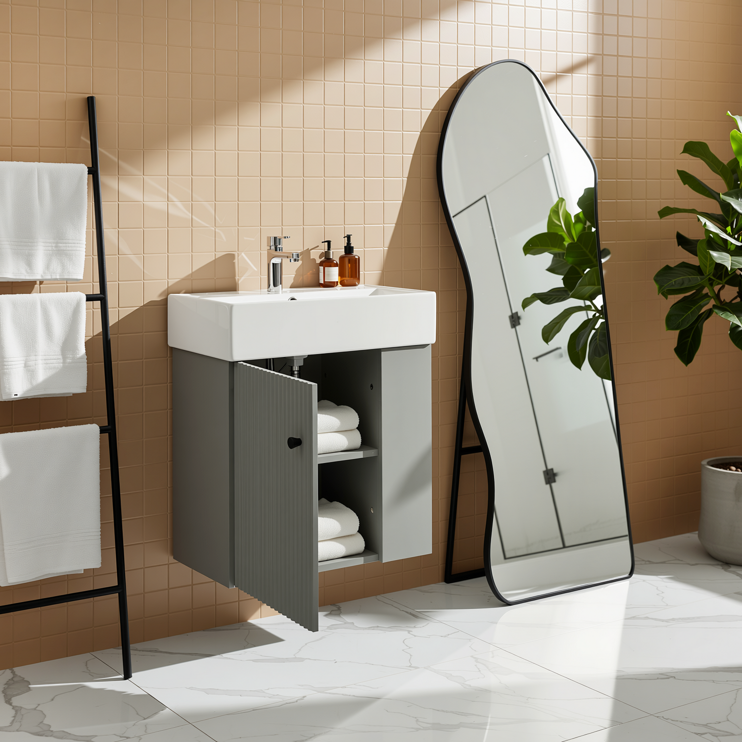 Ouray 22" Floating Bathroom Vanity with Ceramic Sink and Right-Side Open Shelves