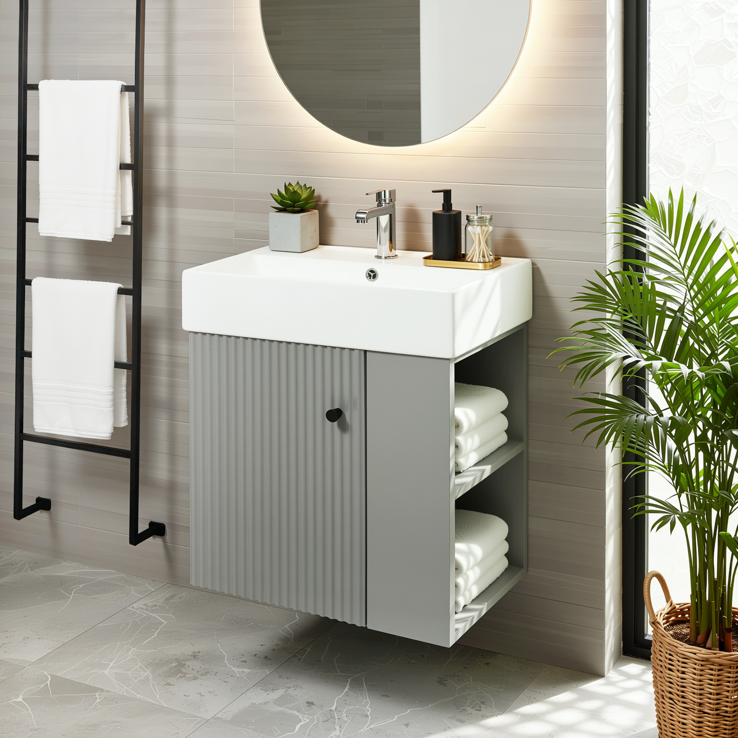Ouray 22" Floating Bathroom Vanity with Ceramic Sink and Right-Side Open Shelves