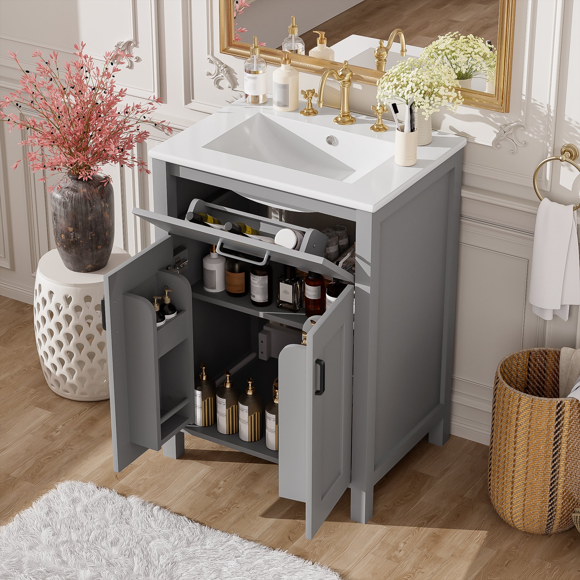 Kusatsu 24" Bathroom Vanity with Ceramic Sink and Cabinet Storage