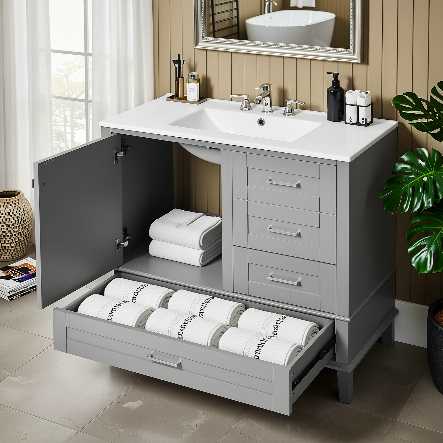Solvang 36" Bathroom Vanity with Ceramic Sink and Storage Cabinet