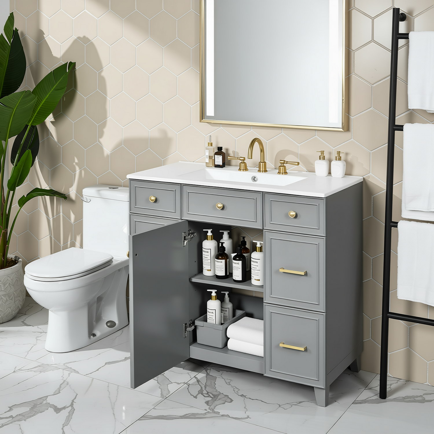 Pagosa 36" Bathroom Vanity with Sink, 3 Drawers and Pull-Out Storage