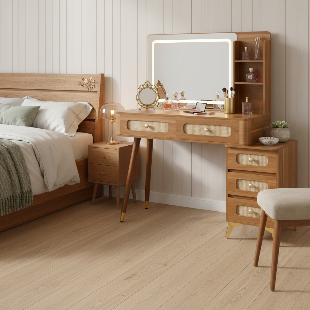 Homy Casa Kalmar 47" Vintage Walnut Vanity Desk with 5 Drawers and Lighted Mirror