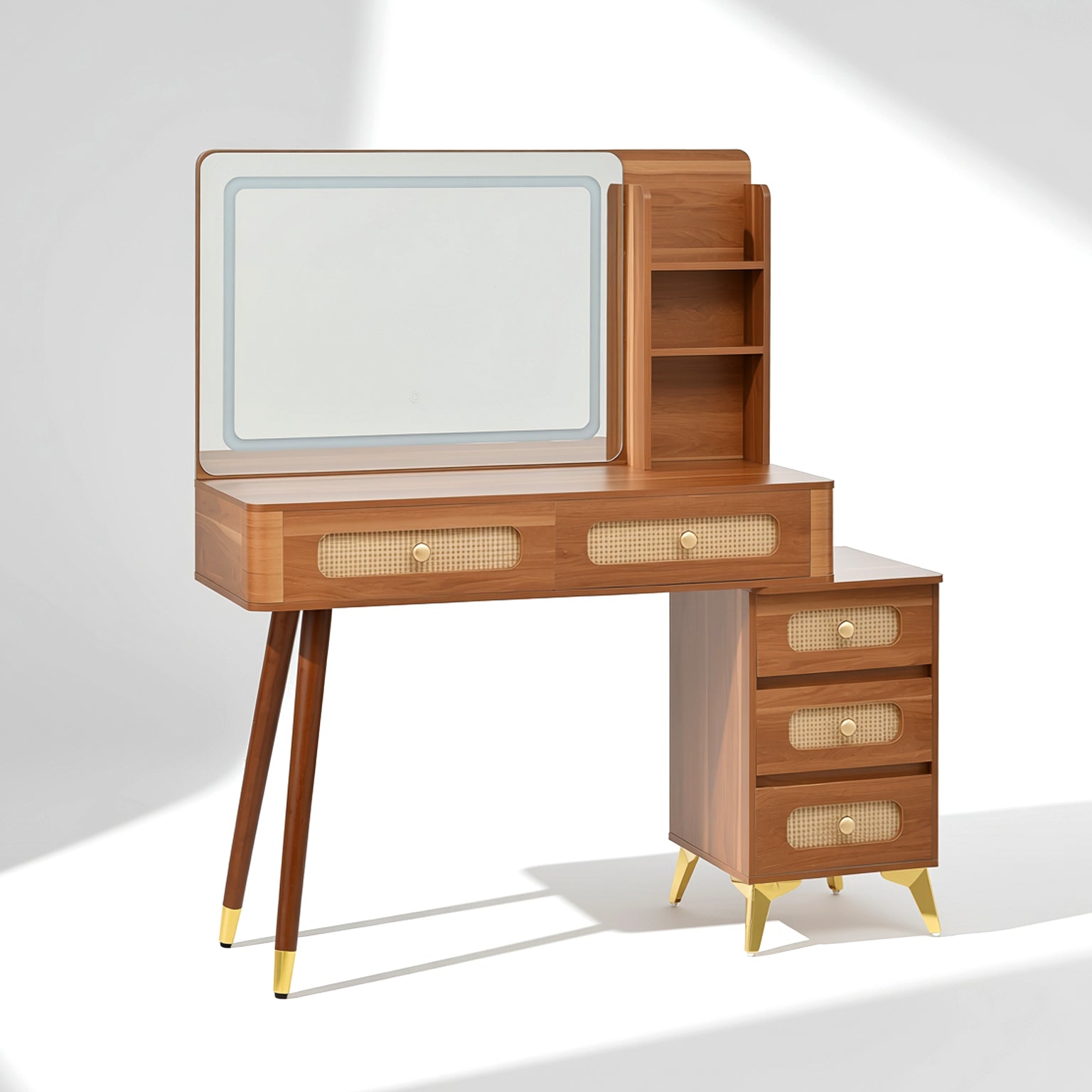 Homy Casa Kalmar 47" Vintage Walnut Vanity Desk with 5 Drawers and Lighted Mirror