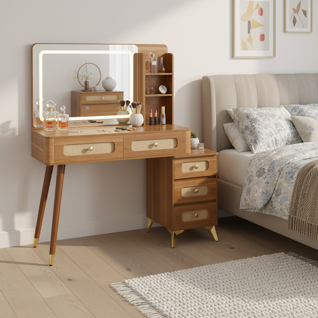 Homy Casa Kalmar 47" Vintage Walnut Vanity Desk with 5 Drawers and Lighted Mirror