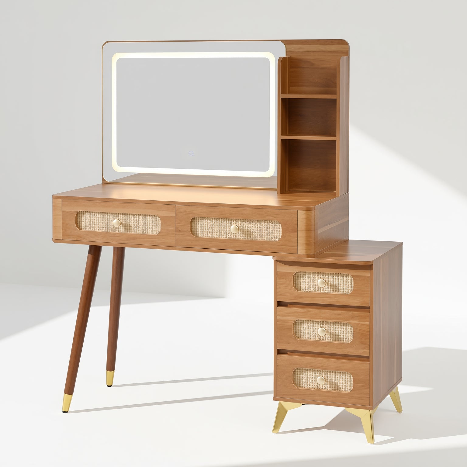 Homy Casa Kalmar 47" Vintage Walnut Vanity Desk with 5 Drawers and Lighted Mirror