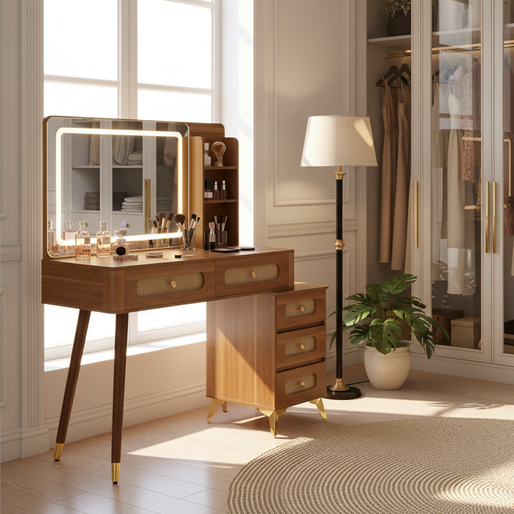 Homy Casa Kalmar 47" Vintage Walnut Vanity Desk with 5 Drawers and Lighted Mirror