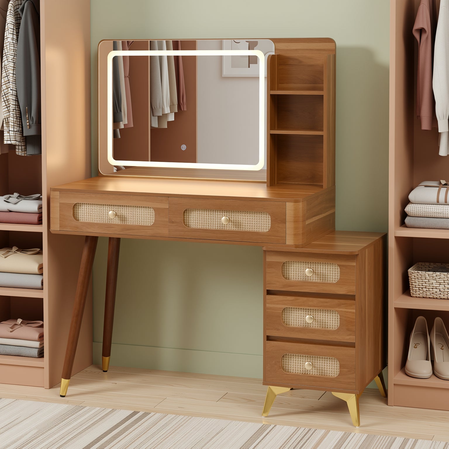 Homy Casa Kalmar 47" Vintage Walnut Vanity Desk with 5 Drawers and Lighted Mirror