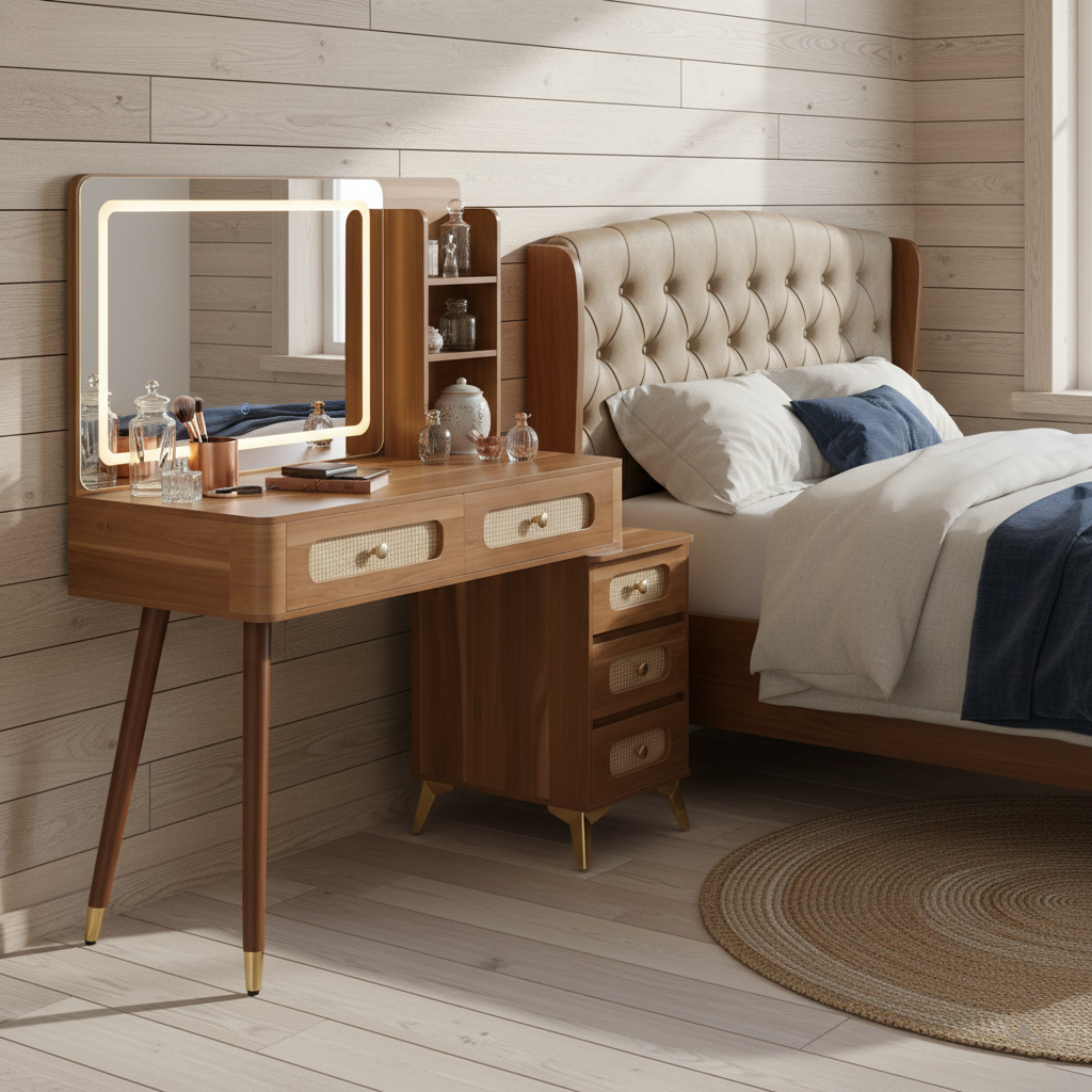 Homy Casa Kalmar 47" Vintage Walnut Vanity Desk with 5 Drawers and Lighted Mirror