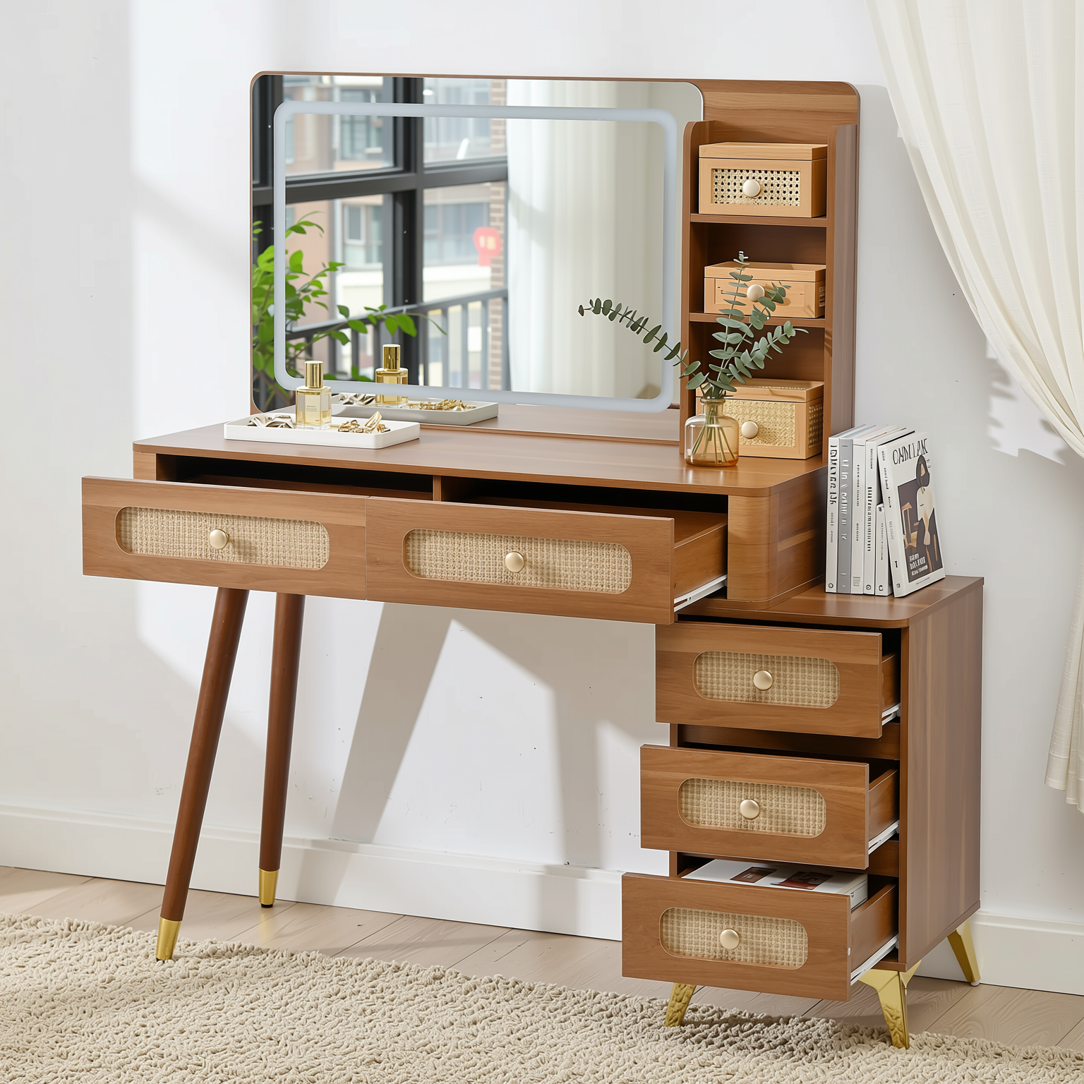 Homy Casa Kalmar 47" Vintage Walnut Vanity Desk with 5 Drawers and Lighted Mirror