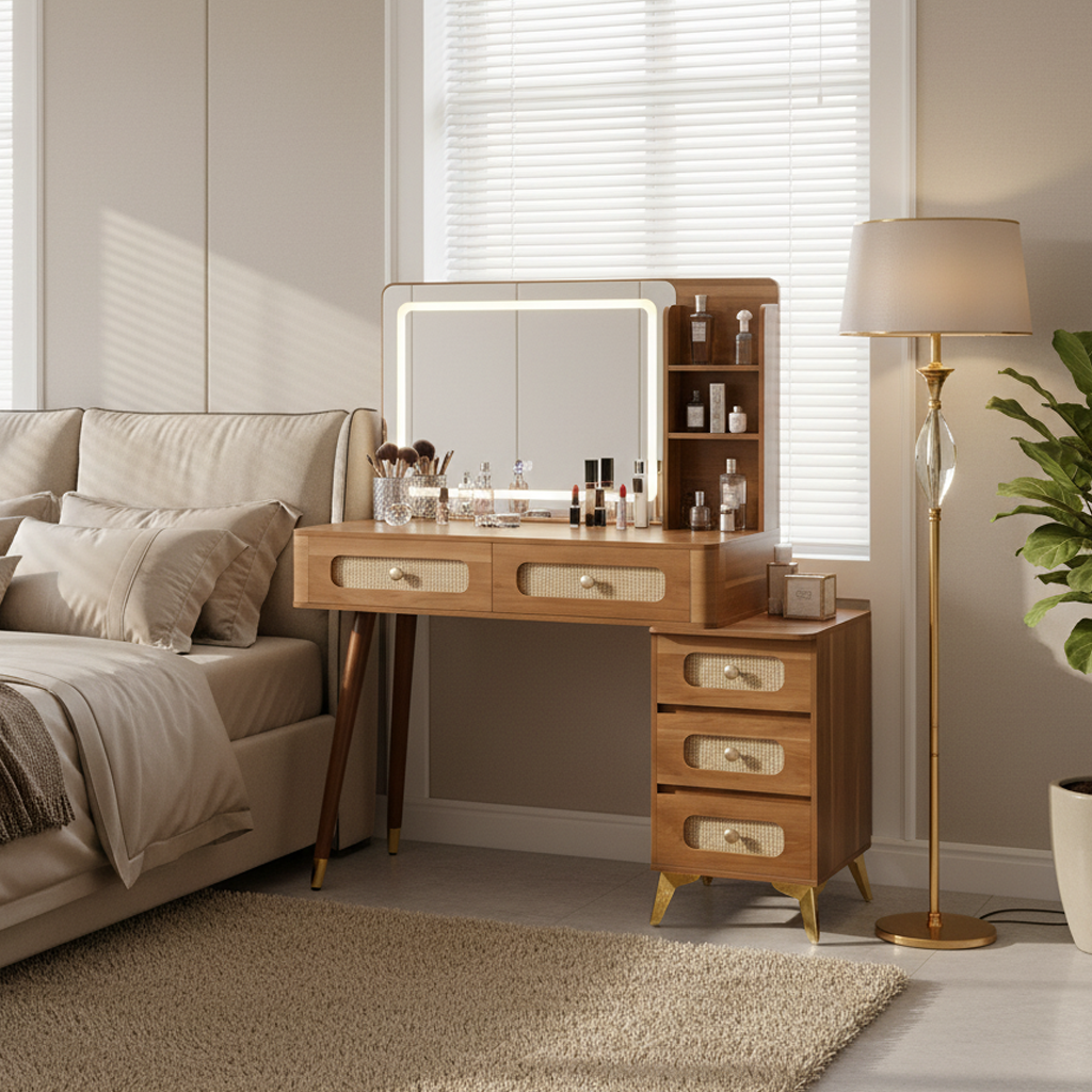 Homy Casa Kalmar 47" Vintage Walnut Vanity Desk with 5 Drawers and Lighted Mirror