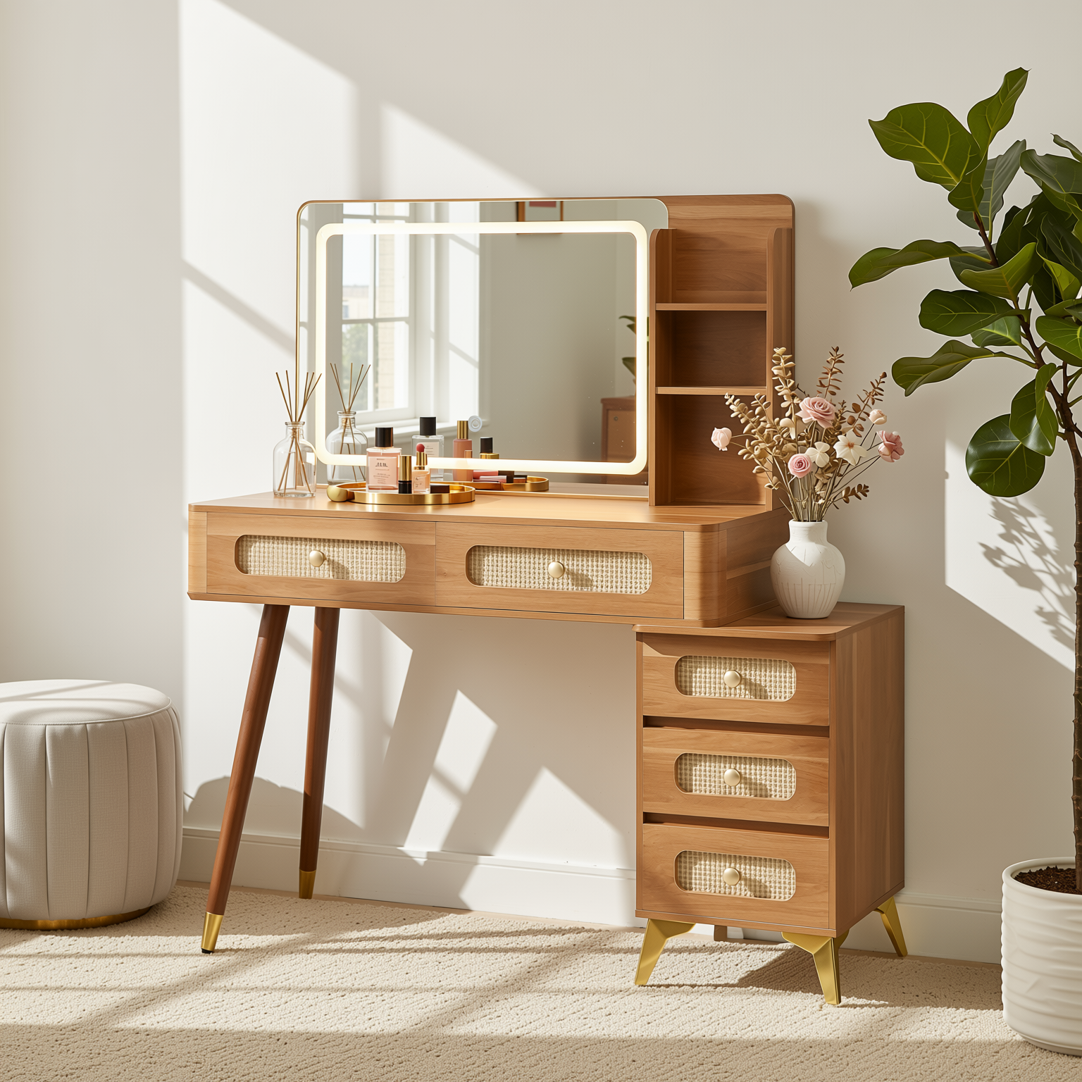 Homy Casa Kalmar 47" Vintage Walnut Vanity Desk with 5 Drawers and Lighted Mirror