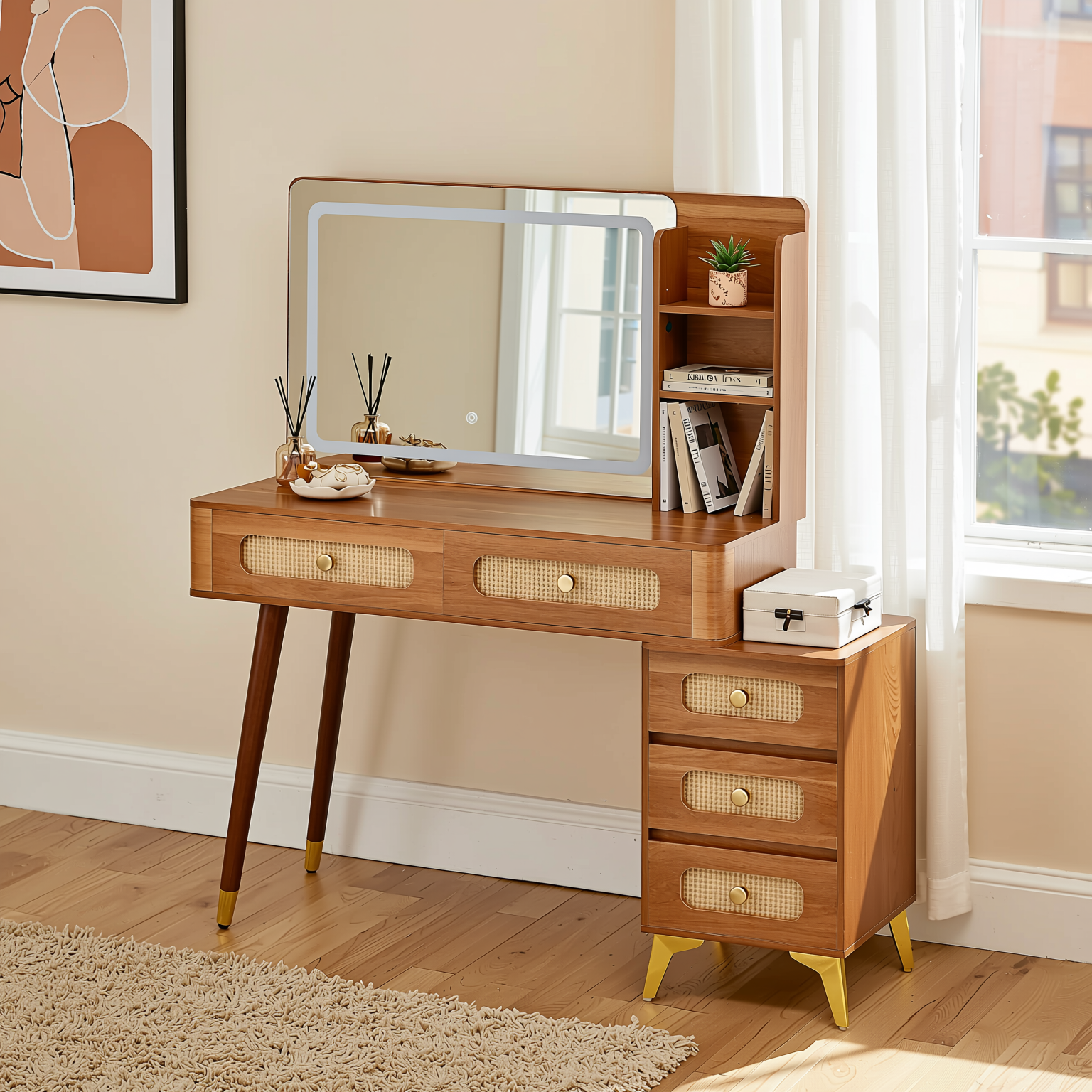 Homy Casa Kalmar 47" Vintage Walnut Vanity Desk with 5 Drawers and Lighted Mirror