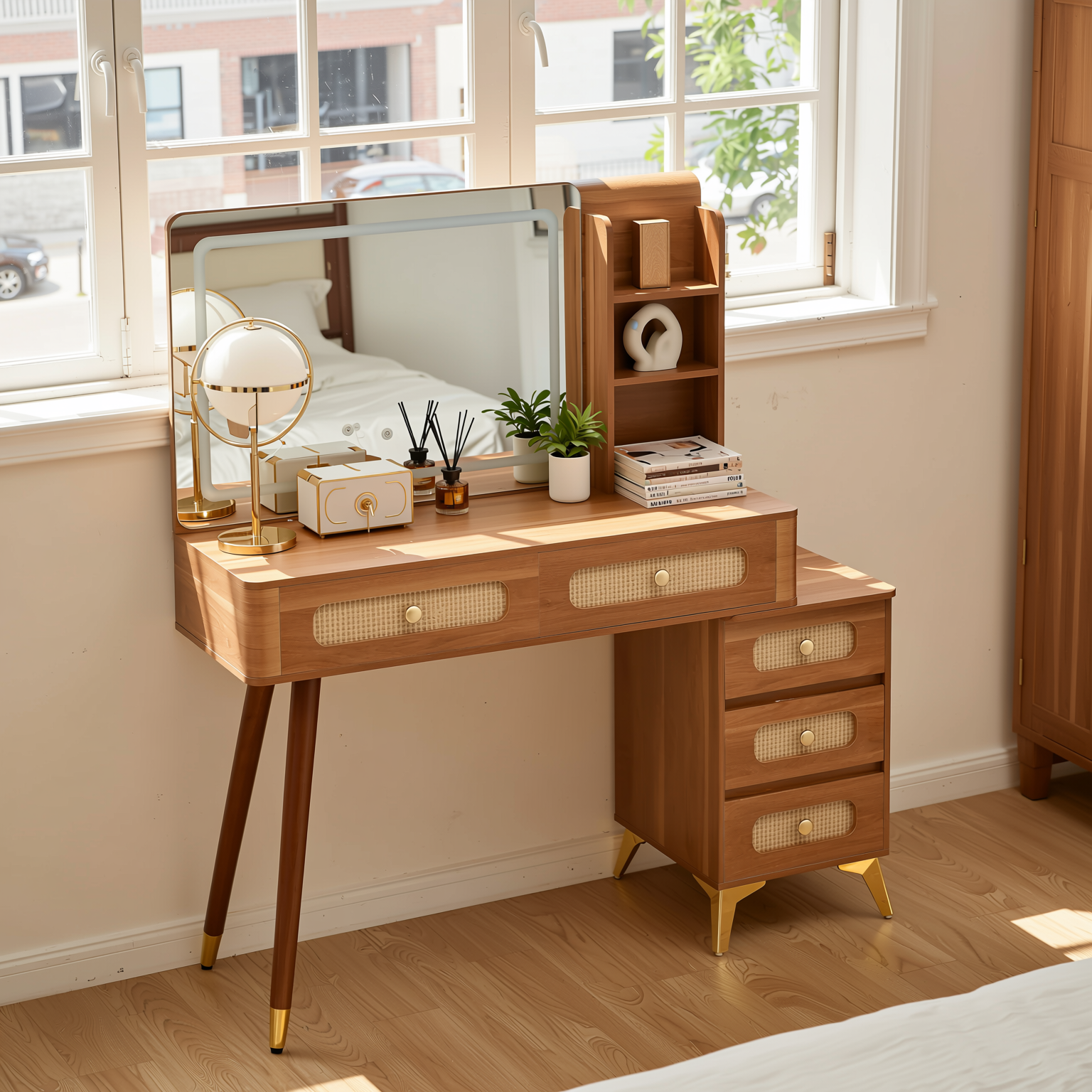 Homy Casa Kalmar 47" Vintage Walnut Vanity Desk with 5 Drawers and Lighted Mirror