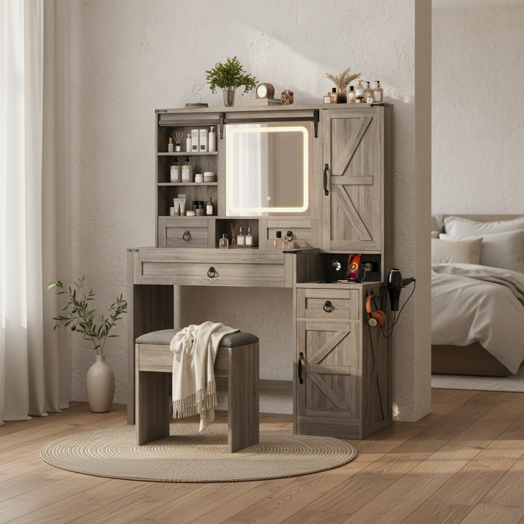 Quartzine 42.5” Farmhouse Vanity Desk Set with LED Lighted Mirror and Charging Station