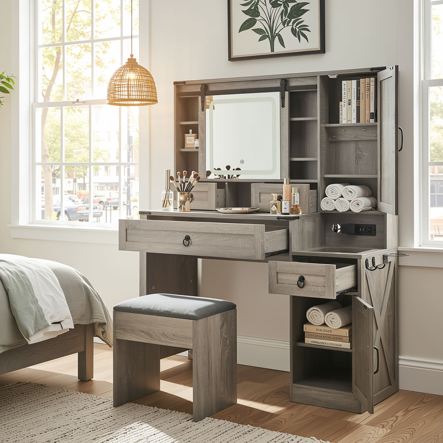 Quartzine 42.5” Farmhouse Vanity Desk Set with LED Lighted Mirror and Charging Station