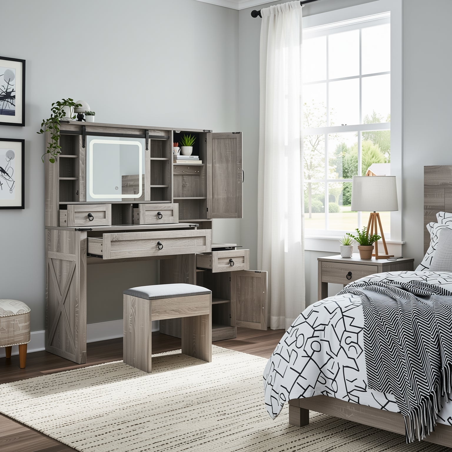 Quartzine 42.5” Farmhouse Vanity Desk Set with LED Lighted Mirror and Charging Station