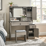 Quartzine 42.5” Farmhouse Vanity Desk Set with LED Lighted Mirror and Charging Station