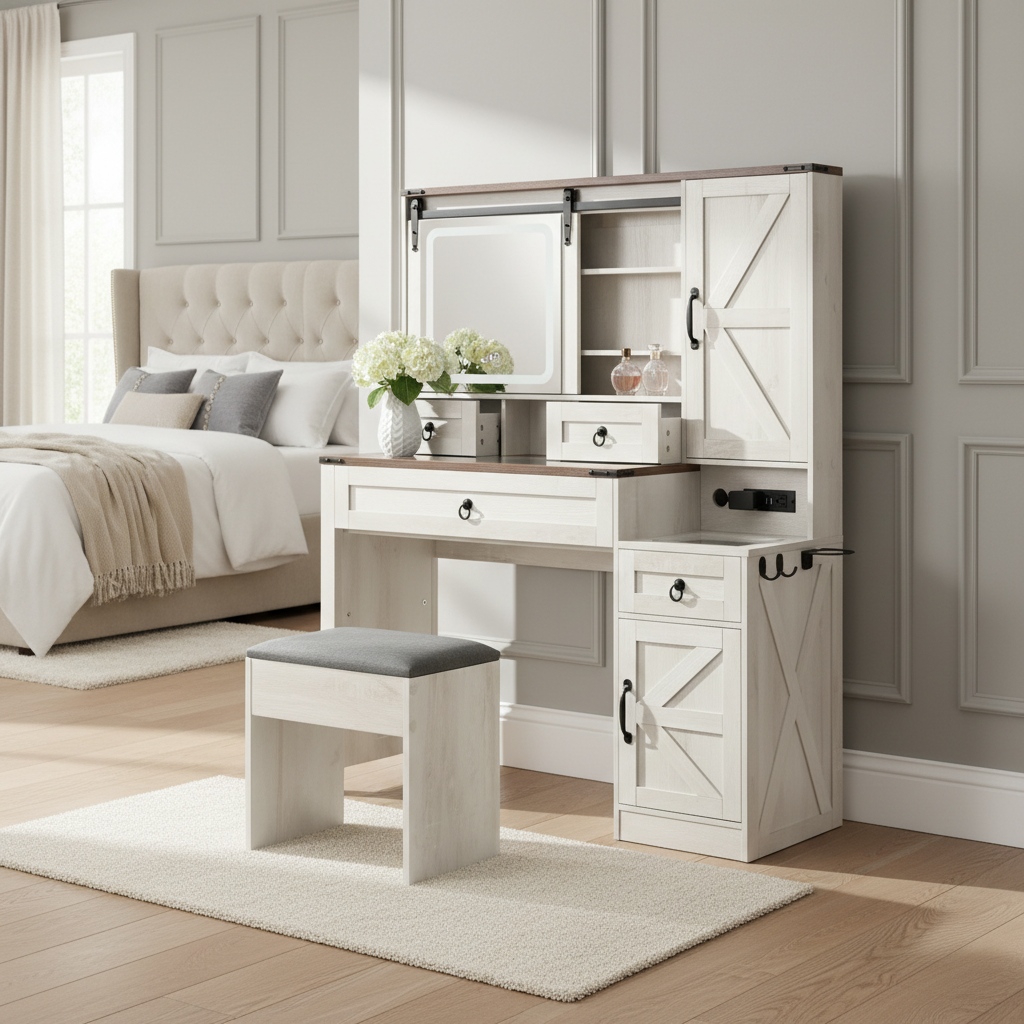 Quartzine 42.5” Farmhouse Vanity Desk Set with LED Lighted Mirror and Charging Station