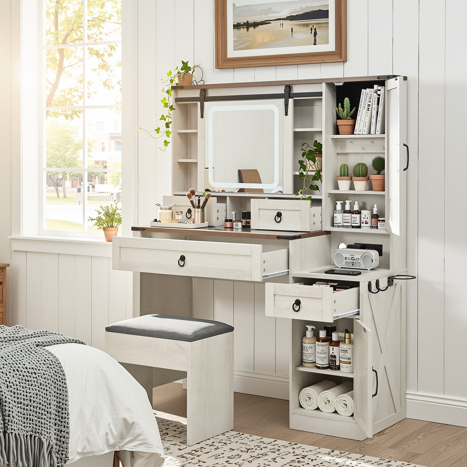 Quartzine 42.5” Farmhouse Vanity Desk Set with LED Lighted Mirror and Charging Station