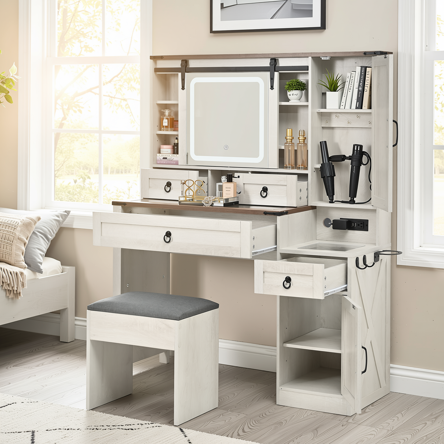 Quartzine 42.5” Farmhouse Vanity Desk Set with LED Lighted Mirror and Charging Station