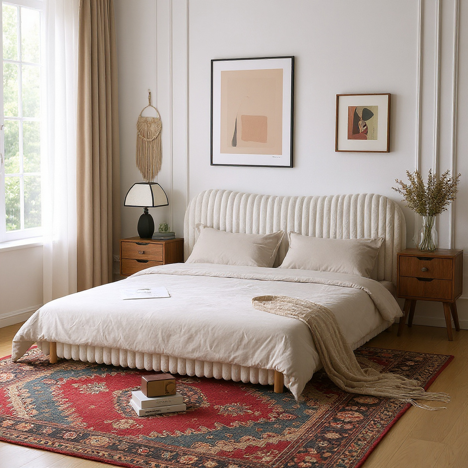 Mira Queen Boucle Upholstered Bed with Curve Headboard