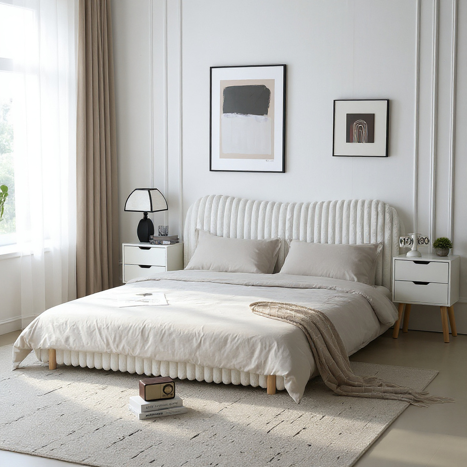 Mira Queen Boucle Upholstered Bed with Curve Headboard