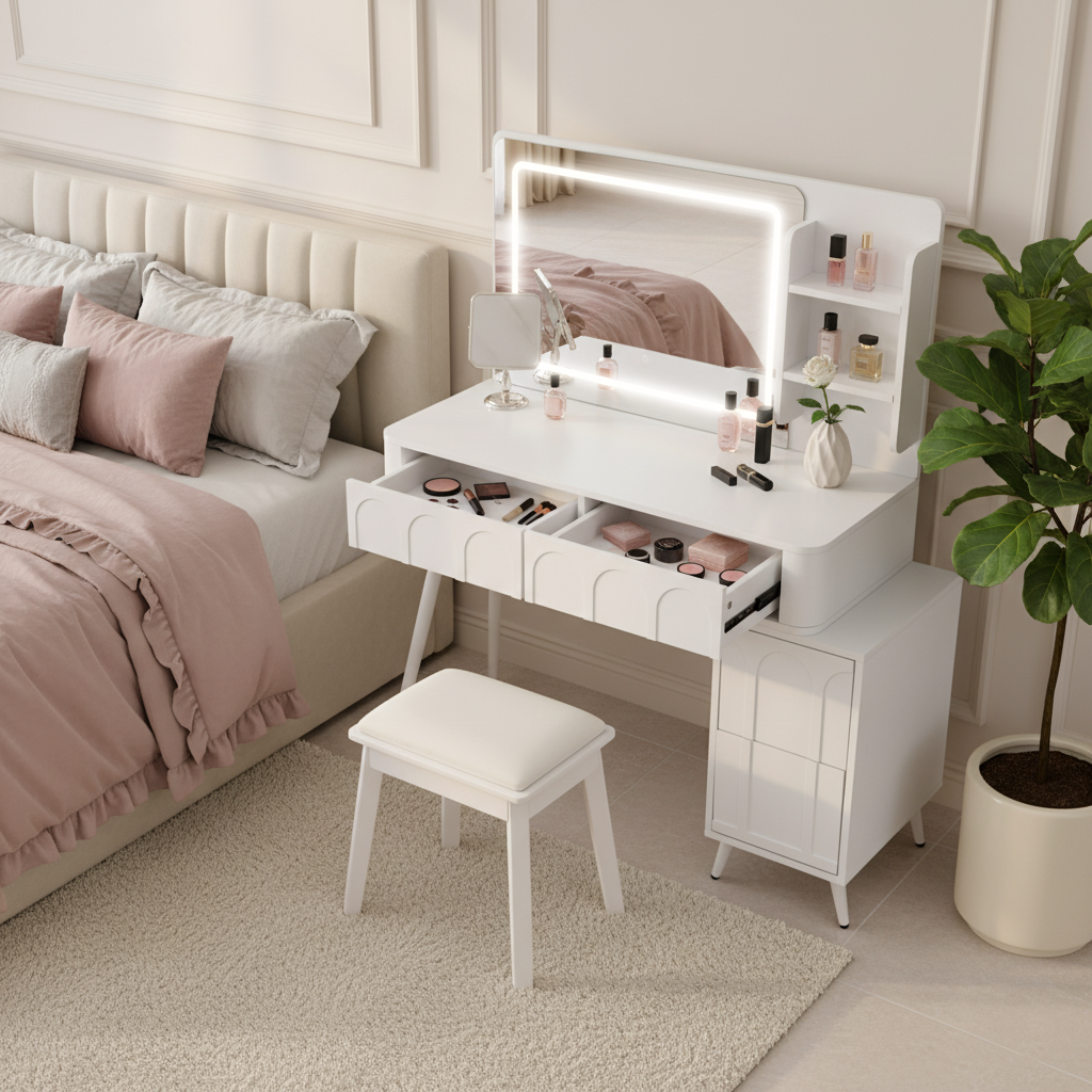 Aalena 40“ Modern Vanity Table Set with LED Lighted Mirror, Black or White