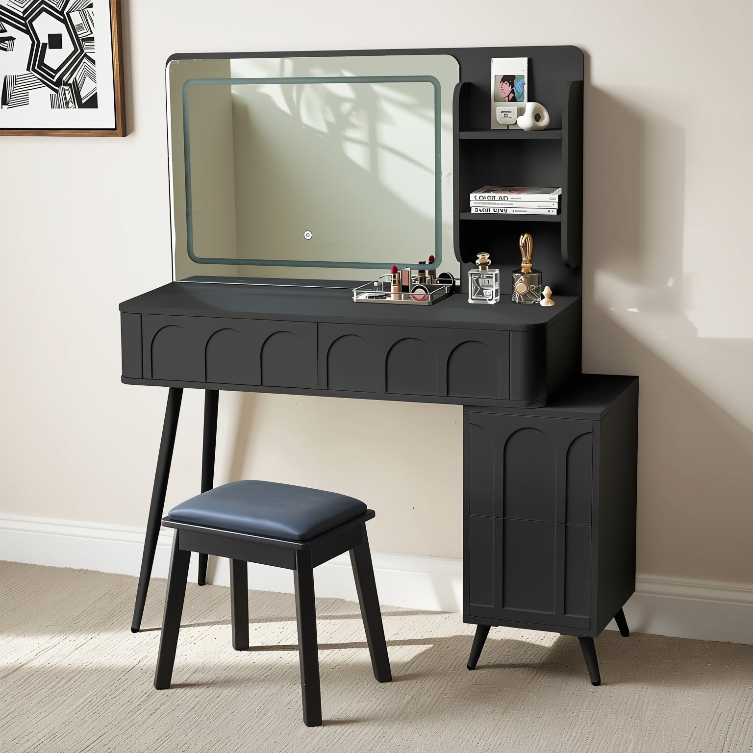 Aalena 40“ Modern Vanity Table Set with LED Lighted Mirror, Black or White