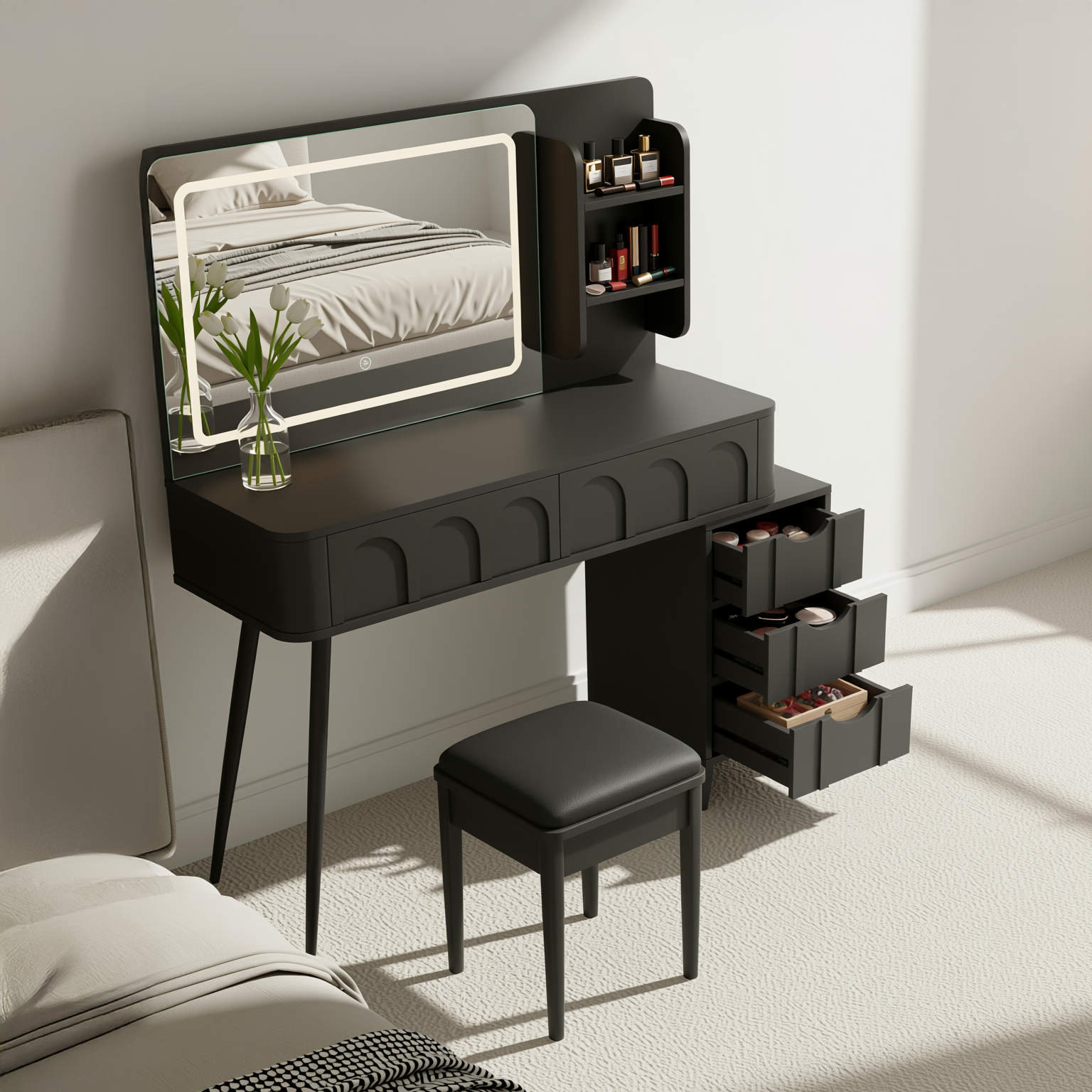 Aalena 40“ Modern Vanity Table Set with LED Lighted Mirror, Black or White