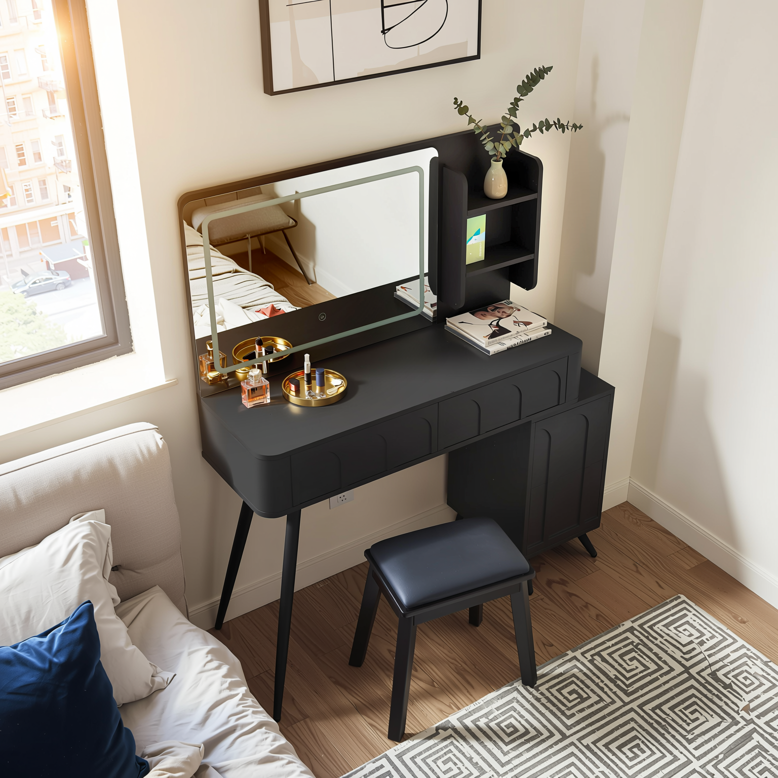 Aalena 40“ Modern Vanity Table Set with LED Lighted Mirror, Black or White