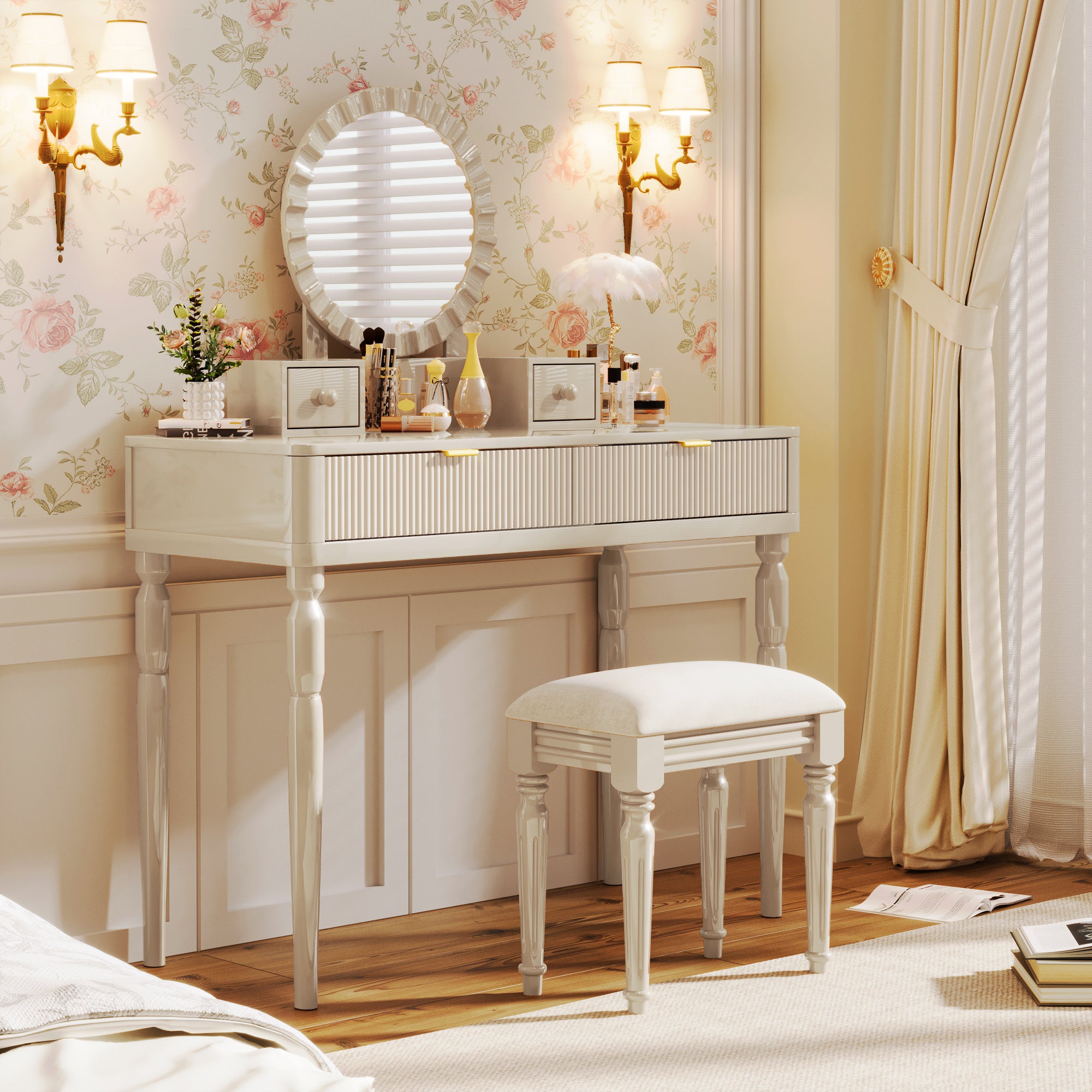 Vika 39" Fluted Vanity Desk Set with Round Mirror and Drawers