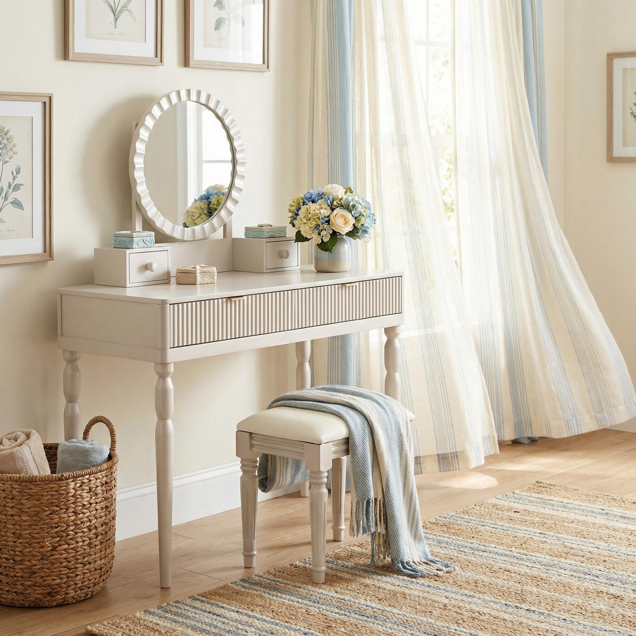 Vika 39" Fluted Vanity Desk Set with Round Mirror and Drawers