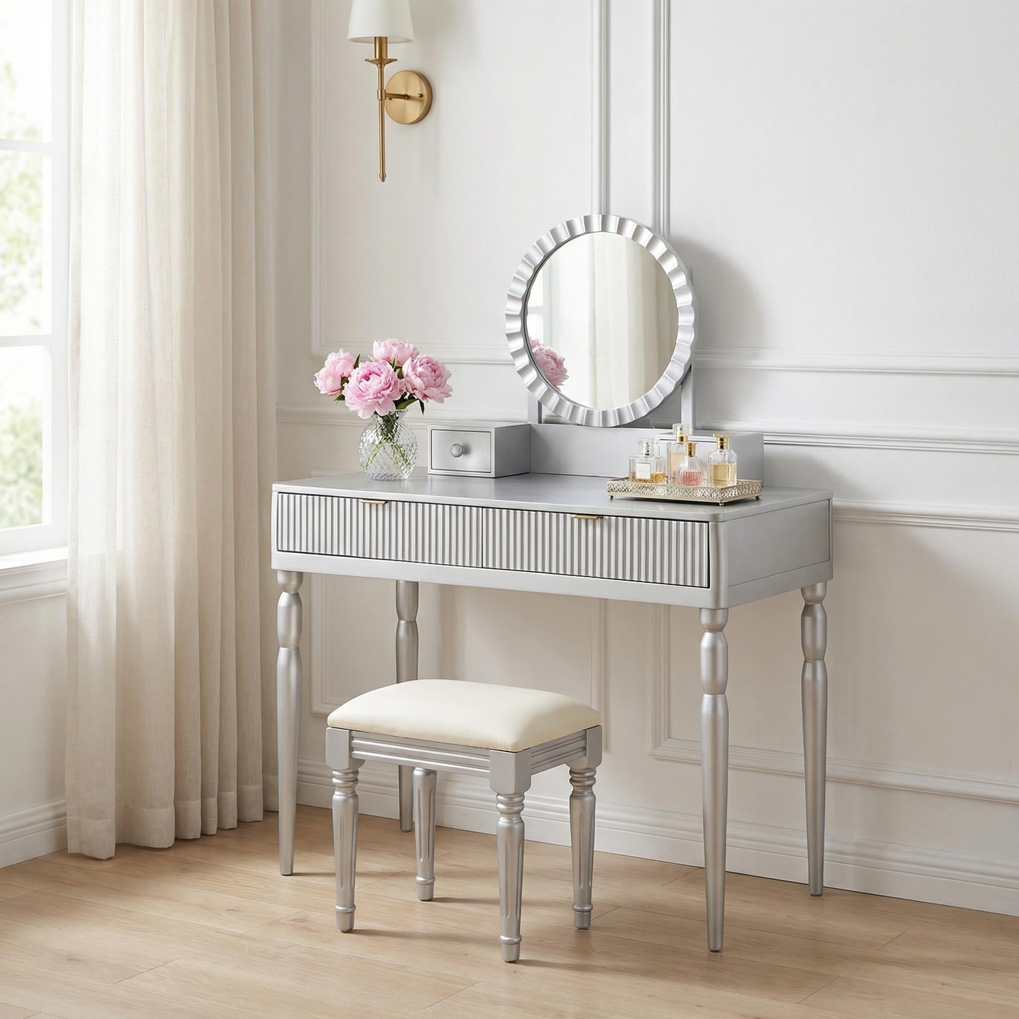 Vika 39" Fluted Vanity Desk Set with Round Mirror and Drawers