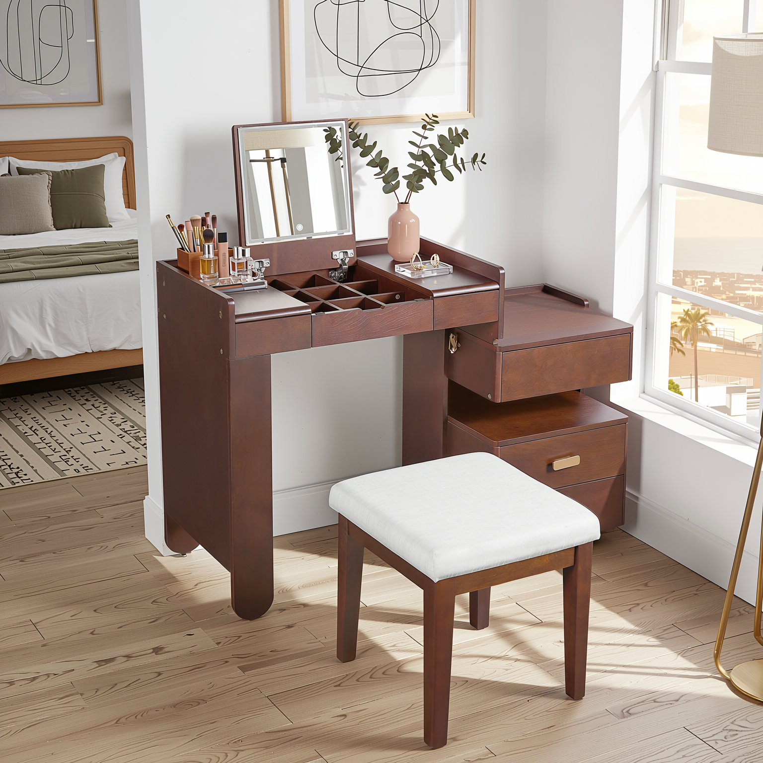 Aurorae Modular Makeup Vanity Desk Set with Flip-Top Mirror and Ample Drawer Storage
