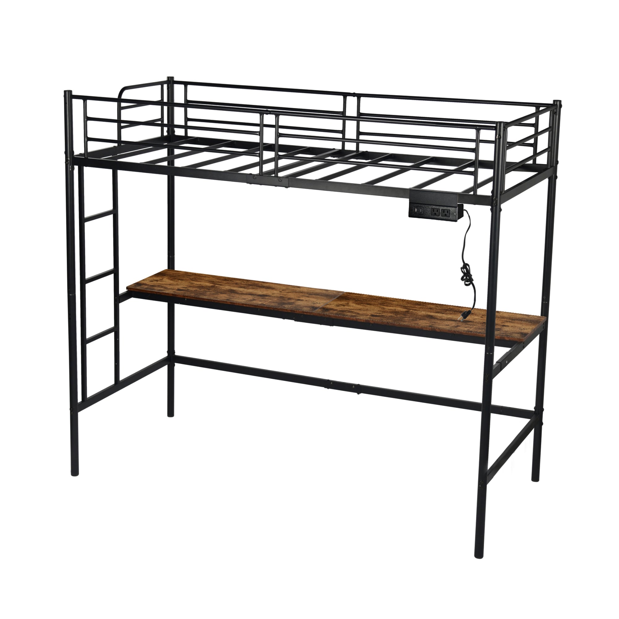 NALIYA Twin Metal Loft Bed with Long Desk Space Saving Workstation Safety Guardrails Black