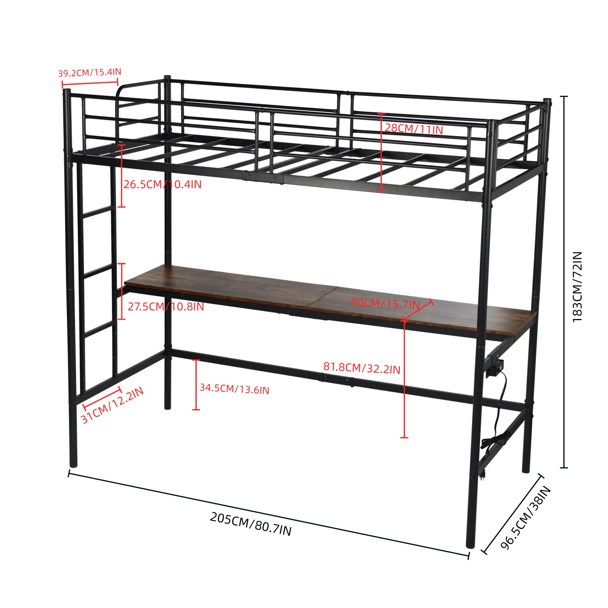 NALIYA Twin Metal Loft Bed with Long Desk Space Saving Workstation Safety Guardrails Black