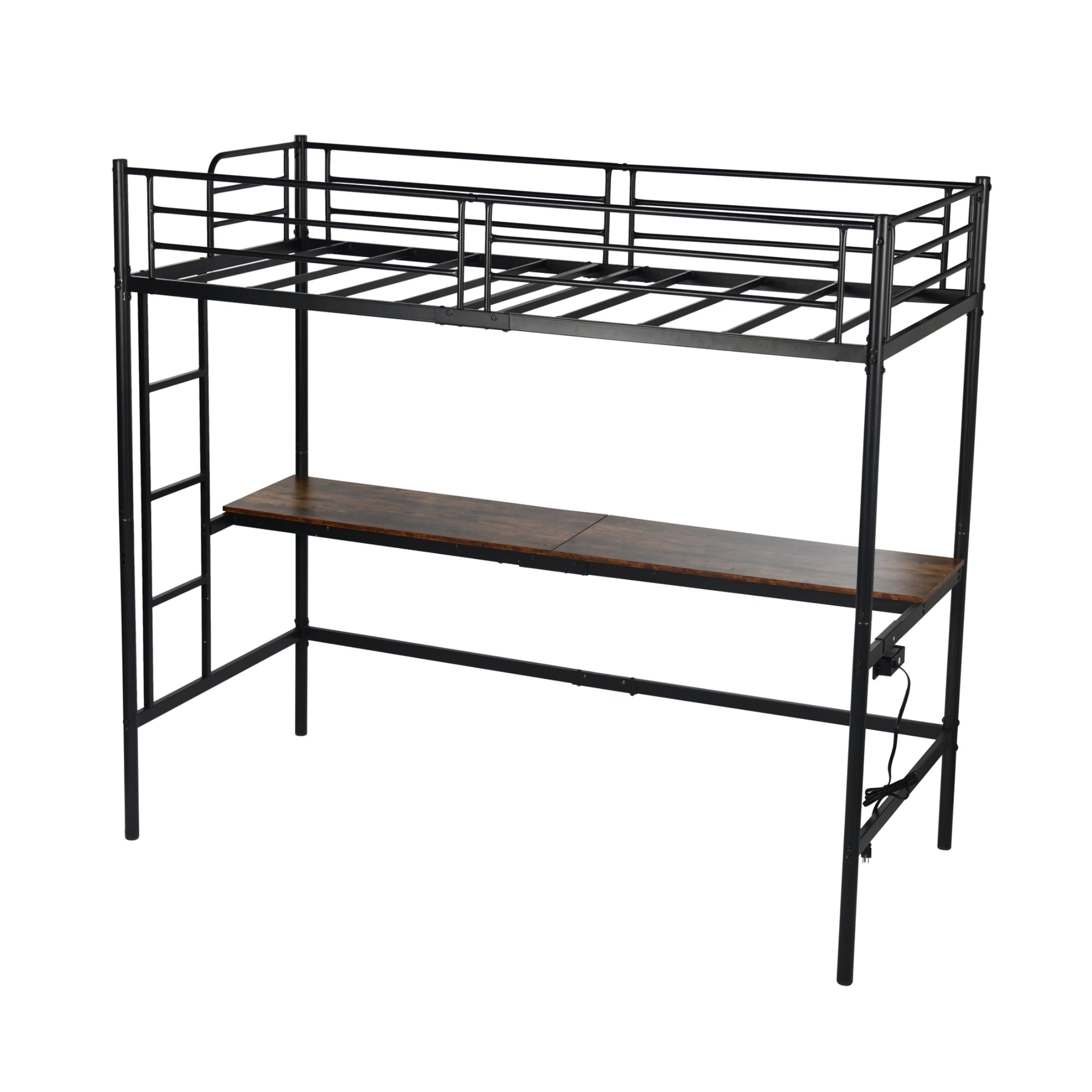 NALIYA Twin Metal Loft Bed with Long Desk Space Saving Workstation Safety Guardrails Black
