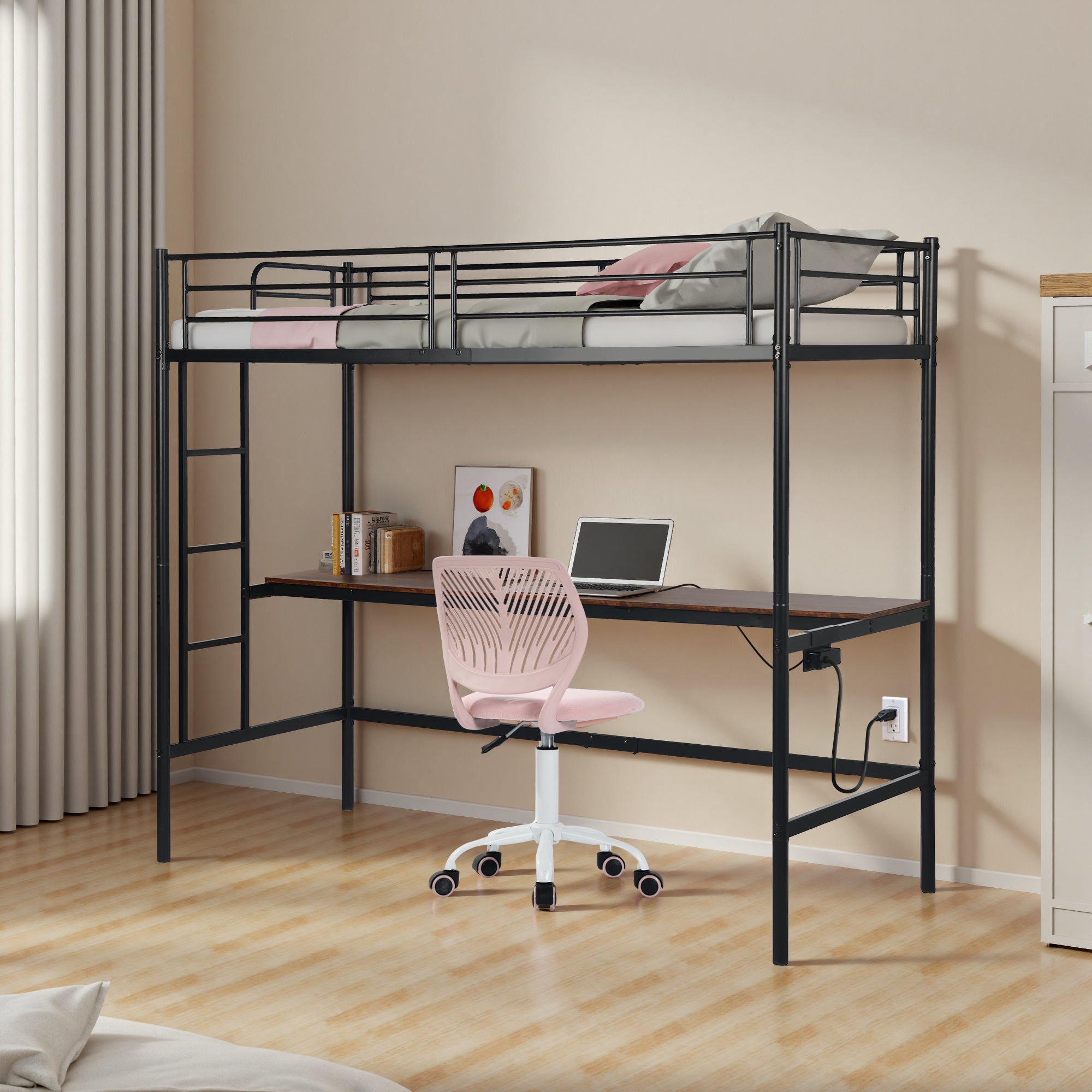 NALIYA Twin Metal Loft Bed with Long Desk Space Saving Workstation Safety Guardrails Black