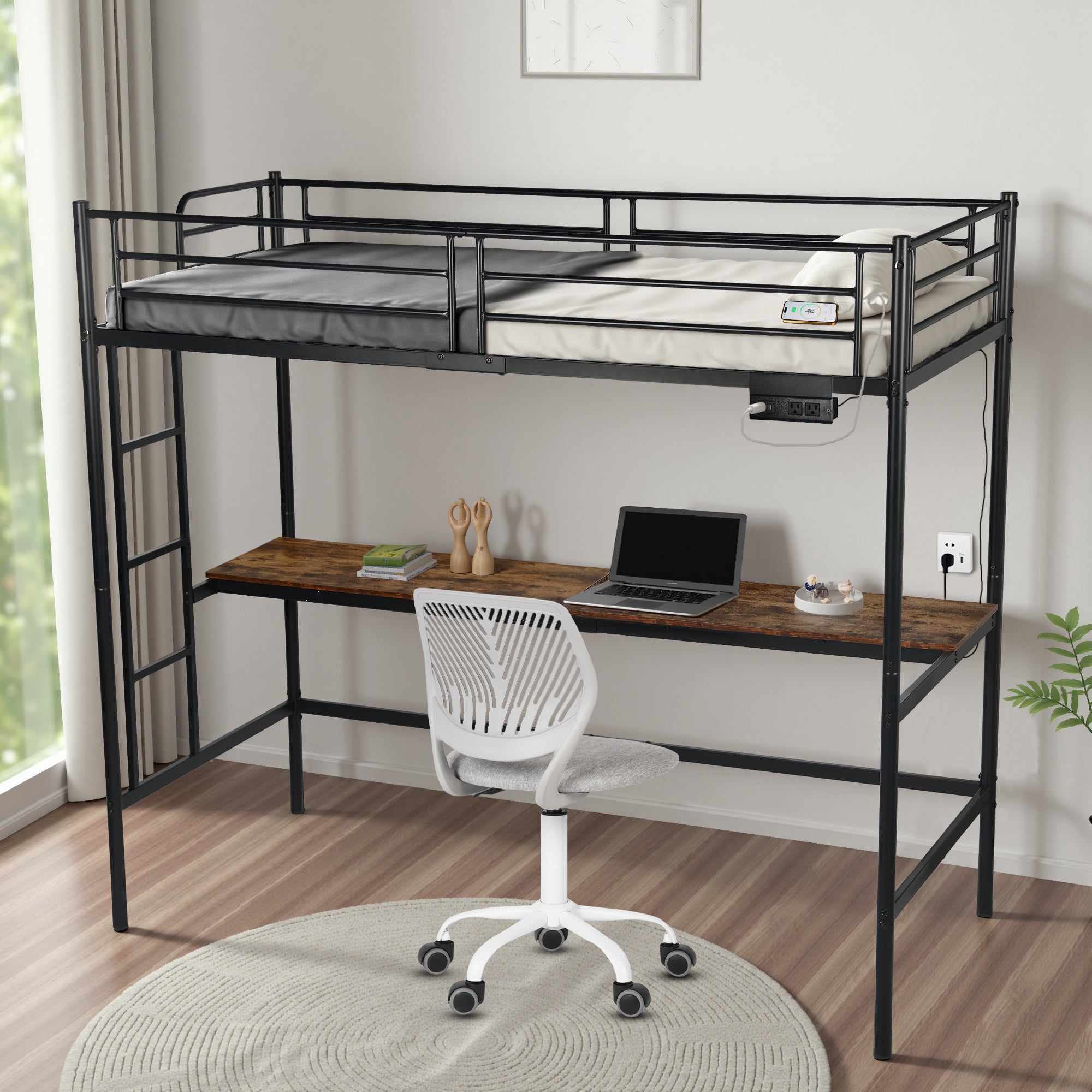 NALIYA Twin Metal Loft Bed with Long Desk Space Saving Workstation Safety Guardrails Black