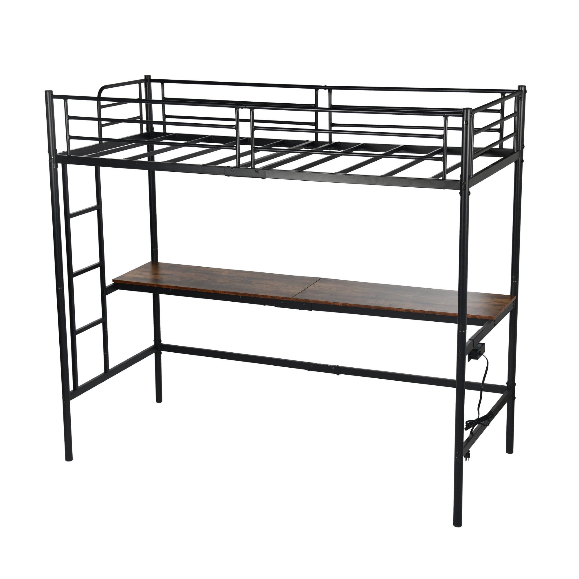 NALIYA Twin Metal Loft Bed with Long Desk Space Saving Workstation Safety Guardrails Black