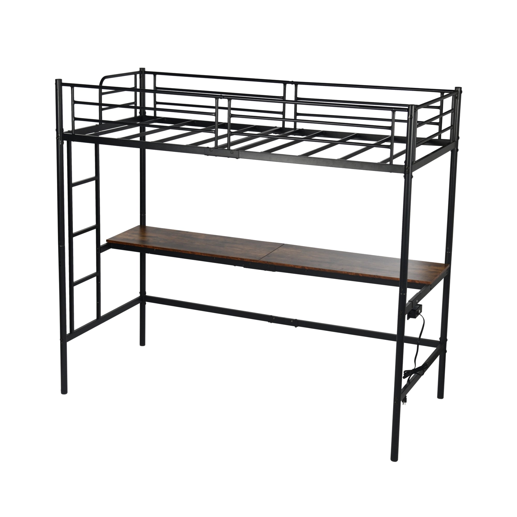 NALIYA Twin Metal Loft Bed with Long Desk Space Saving Workstation Safety Guardrails Black