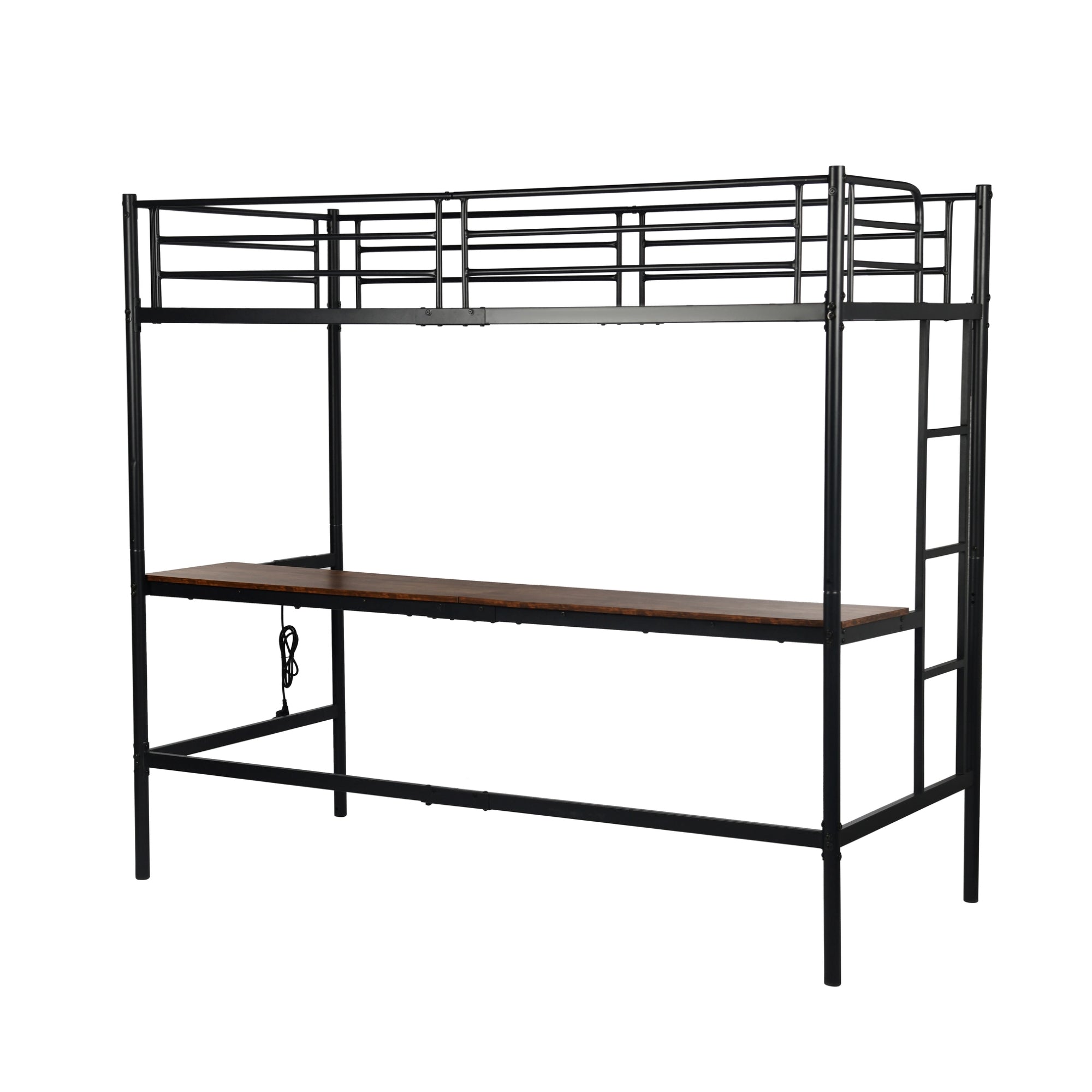 NALIYA Twin Metal Loft Bed with Long Desk Space Saving Workstation Safety Guardrails Black