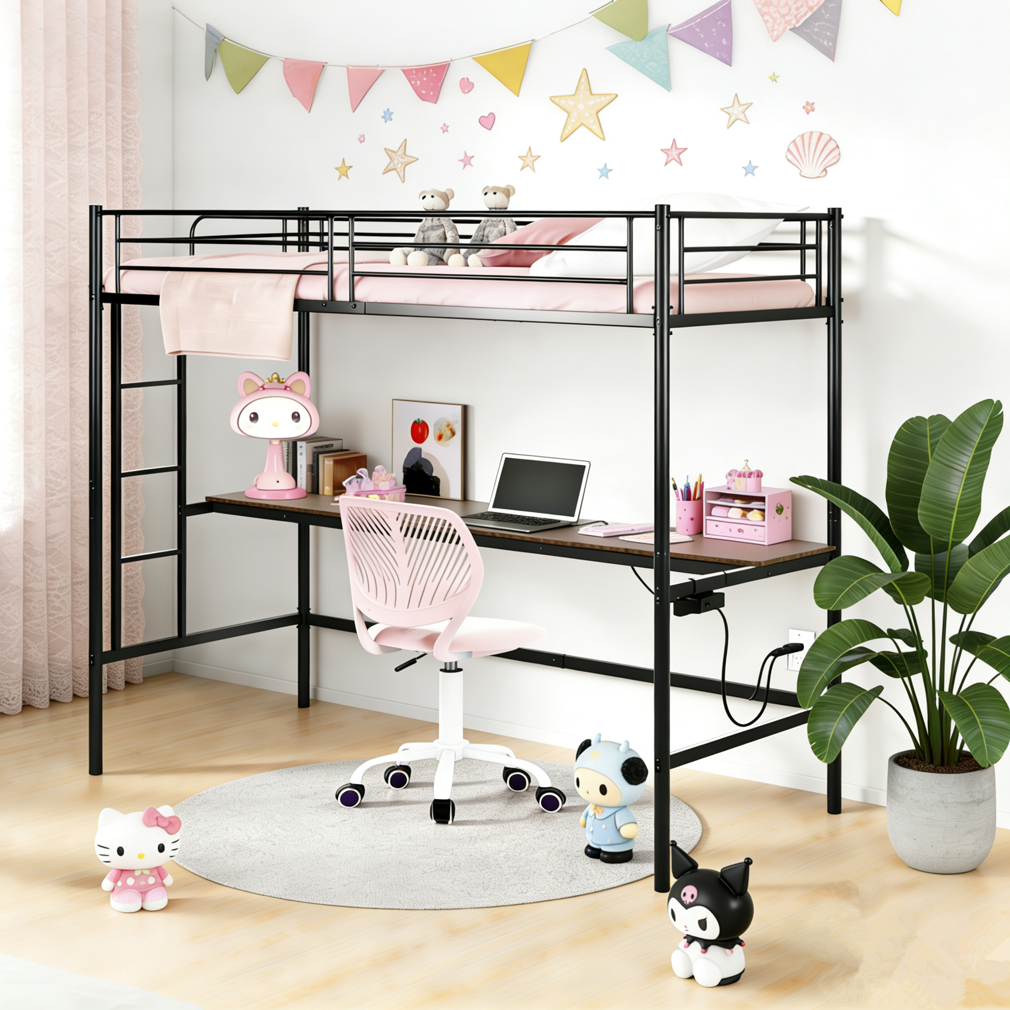 NALIYA Twin Metal Loft Bed Workstation with Long Desk and Charging Station in Black