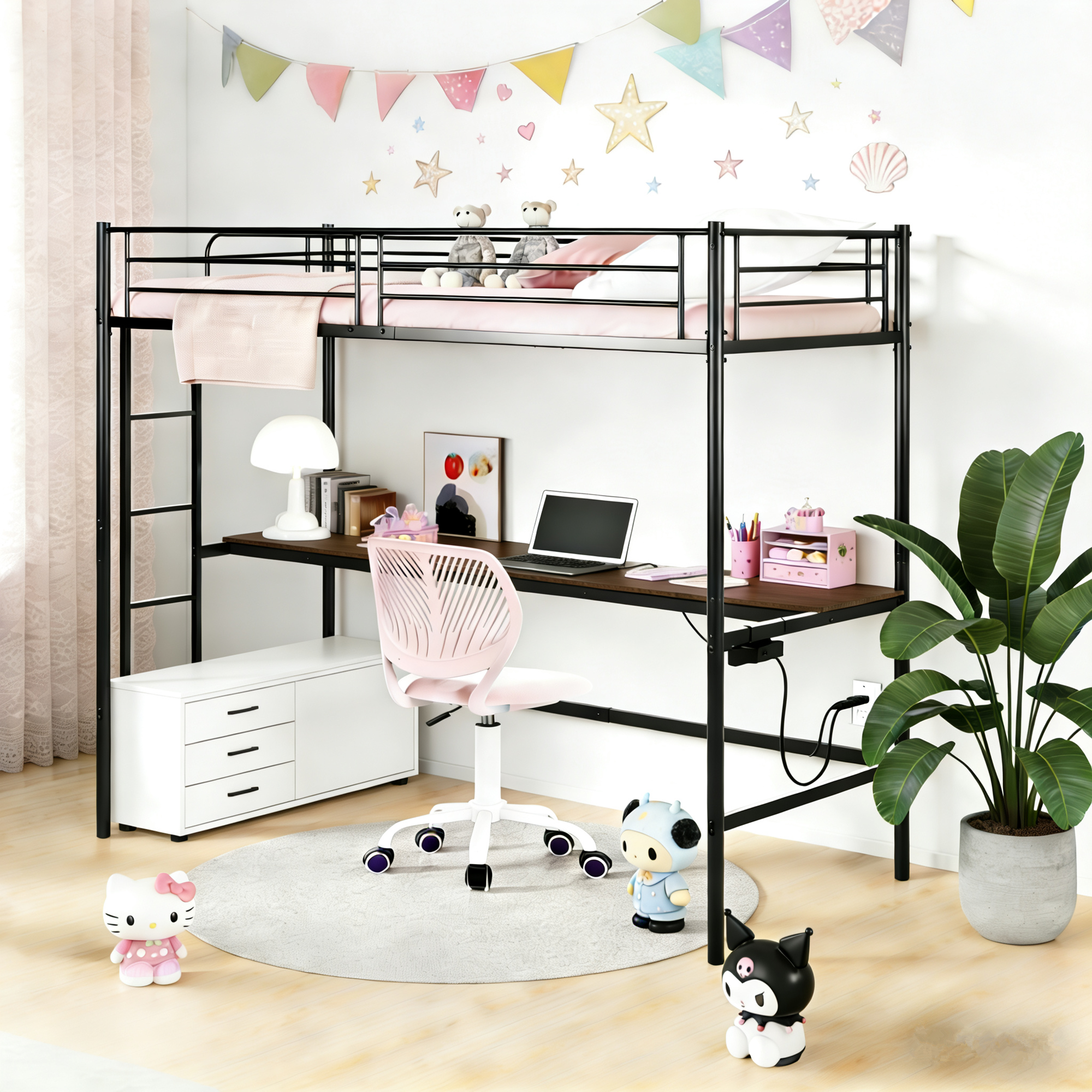 NALIYA Twin Metal Loft Bed Workstation with Long Desk and Charging Station in Black