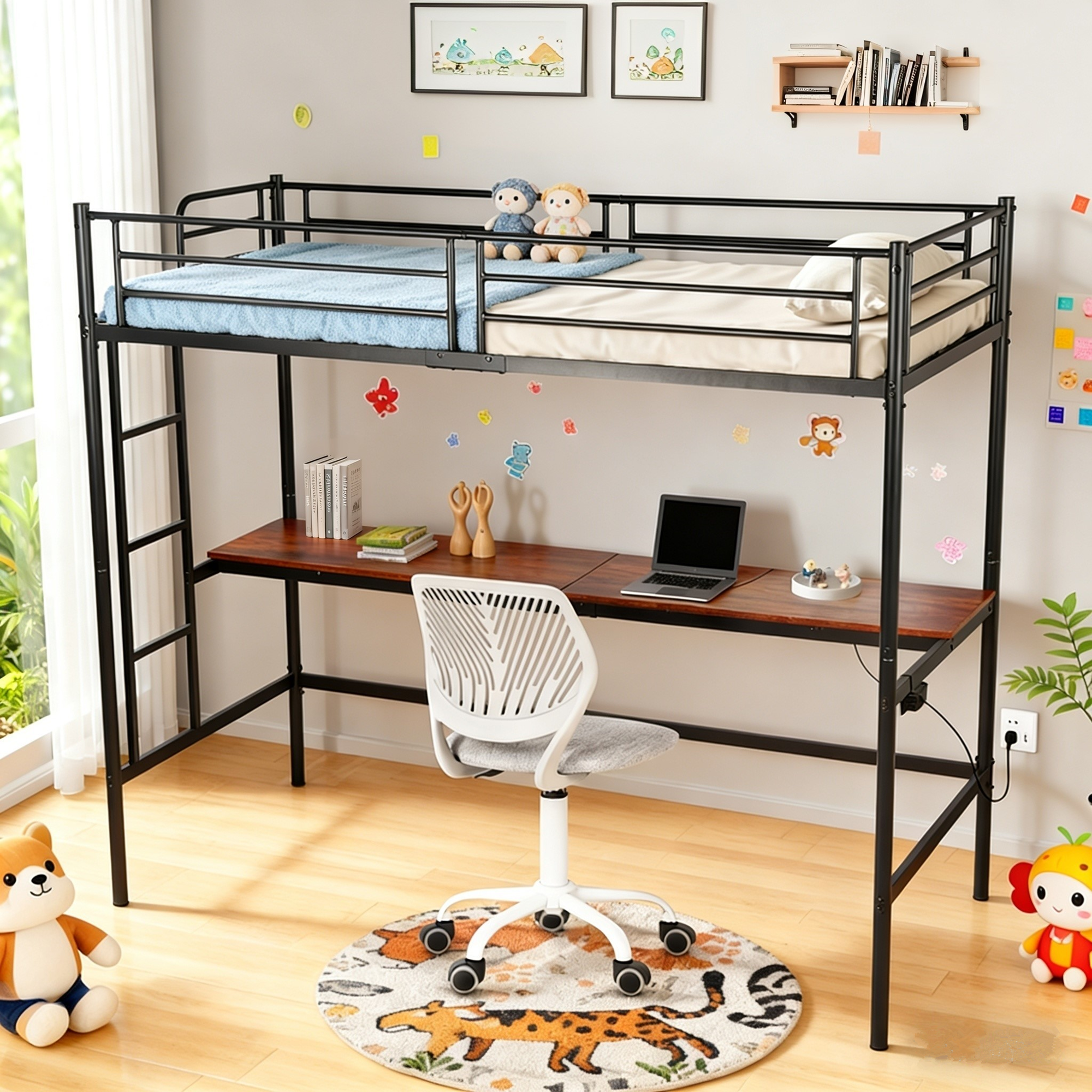 NALIYA Twin Metal Loft Bed Workstation with Long Desk and Charging Station in Black
