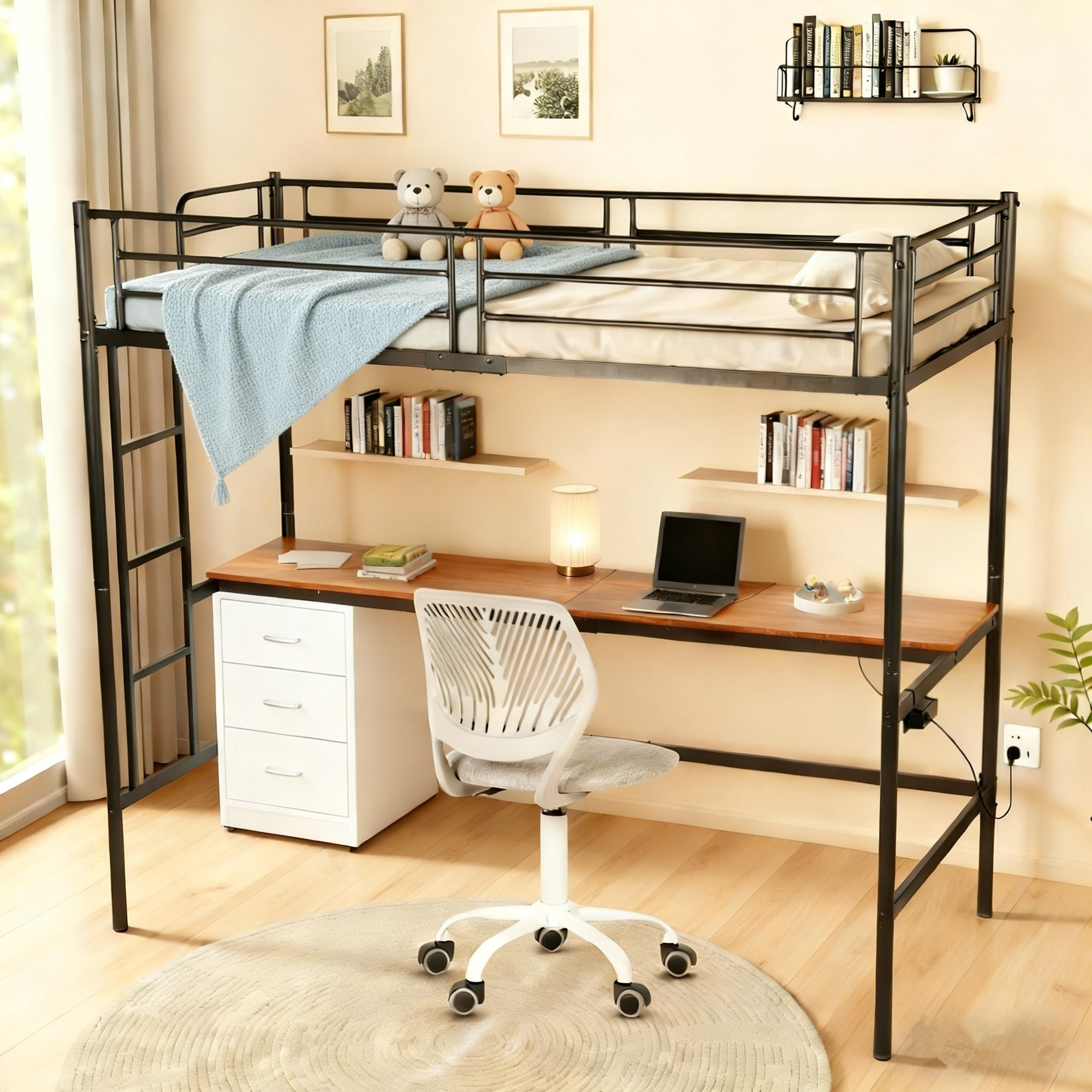 NALIYA Twin Metal Loft Bed Workstation with Long Desk and Charging Station in Black