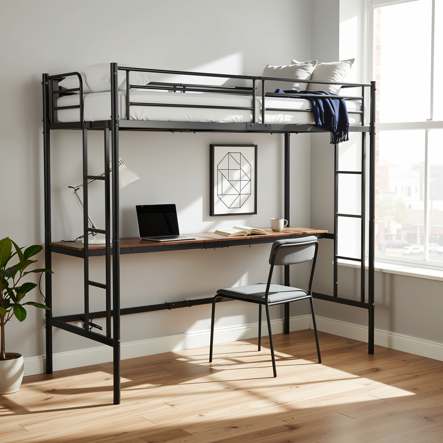 NALIYA Twin Metal Loft Bed Workstation with Long Desk and Charging Station in Black
