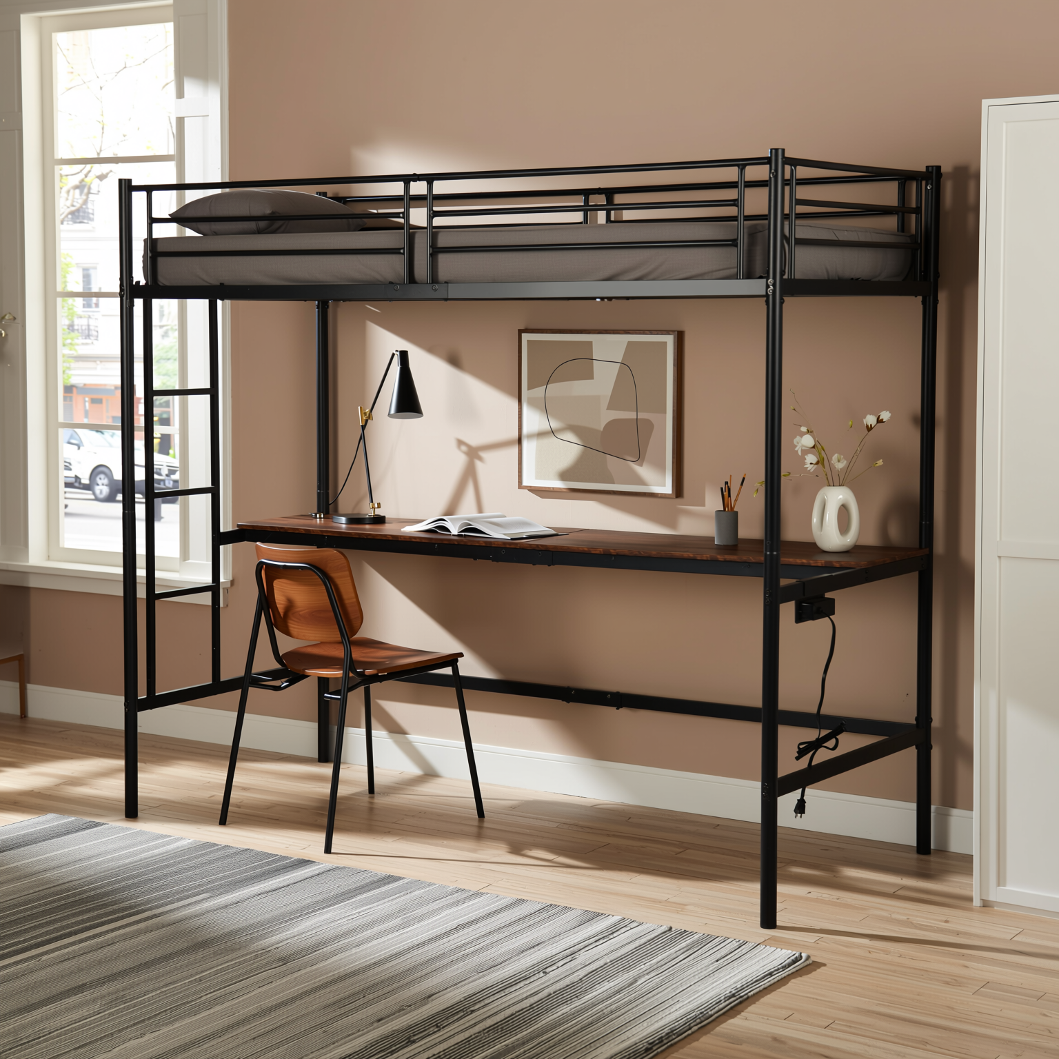 NALIYA Twin Metal Loft Bed Workstation with Long Desk and Charging Station in Black