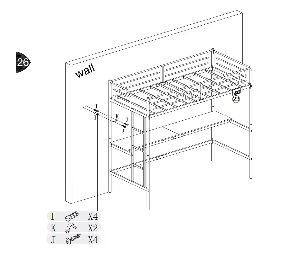 NALIYA Twin Metal Loft Bed Workstation with Long Desk and Charging Station in Black